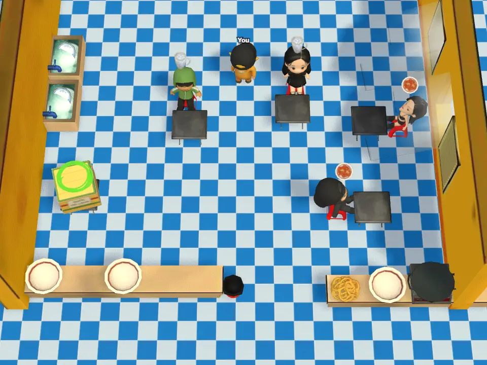 A live a Bit SaiGon kitchen mid-match: several chefs working the prep tables, pans and plate counters on a blue-tiled floor.