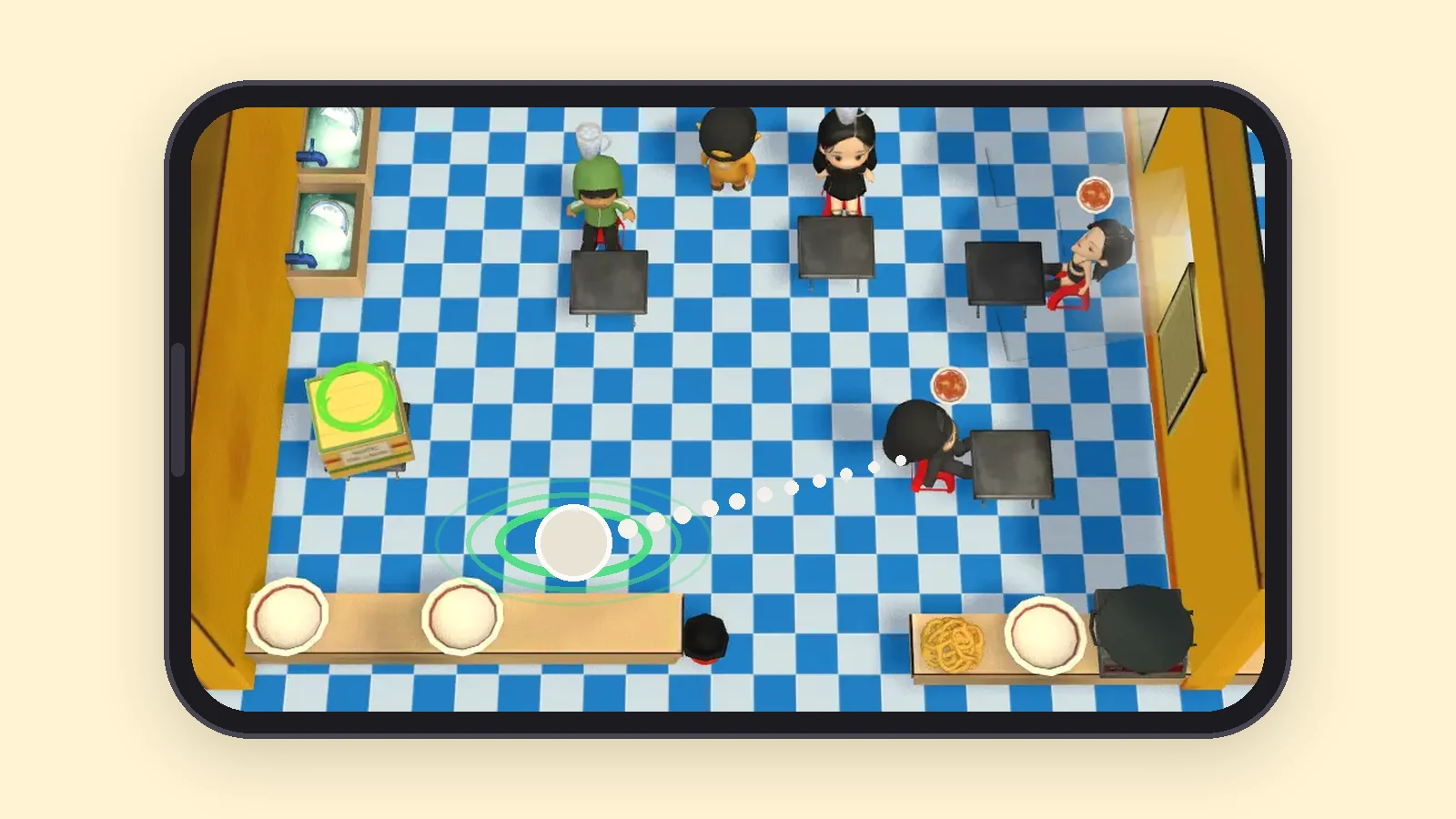 A phone showing the kitchen with a green marker ring on the floor and a dotted path from a chef to that ring.